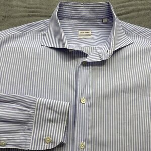 Luciano Barbera Made in Italy Men's Large Blue Stripe Button Up Dress Shirt